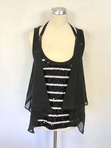 KAREN MILLEN BLACK & WHITE SEQUIN VEST TOP WITH SILK WAISTCOAT OVERLAY SIZE 14