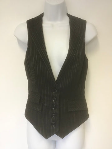 KAREN MILLEN BLACK & SILVER GREY STRIPED WOOL BLEND WAISTCOAT SIZE 8