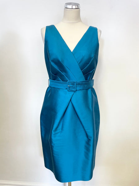 HOBBS KINGFISHER BLUE WOOL & SILK BLEND SLEEVELESS BELTED SPECIAL OCCASION DRESS SIZE 12