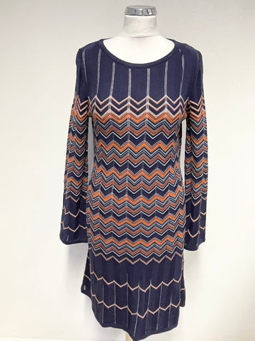 MONSOON NAVY BLUE & ORANGE CHEVON PATTERNED FINE KNIT DRESS SIZE 12