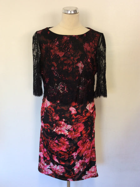 PHASE EIGHT RED,WHITE & BLACK FLORAL PRINT LACE OVERLAY TOP DRESS SIZE 16