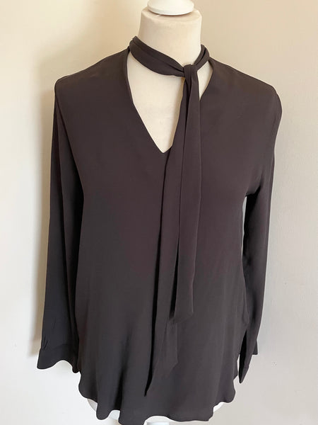 RIANI BROWN SILK BLEND V NECK LONG SLEEVE BLOUSE WITH TIE SIZE 12