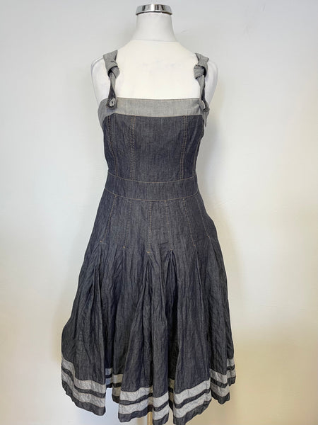 KAREN MILLEN LIGHT & DARK GREY DENIM STRAPPY FIT & FLARE DRESS SIZE 10