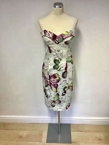 KAREN MILLEN WHITE & MULTI COLOURED BUTTERFLY PRINT STRAPLESS DRESS SIZE 14