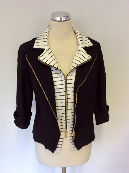 JOSEPH RIBKOFF BLACK 2 ZIP FASTEN STRIPE TRIM JACKET SIZE 14