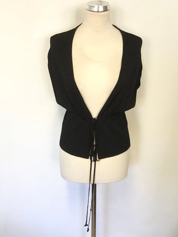 KAREN MILLEN BLACK FINE KNIT CAP SLEEVE TIE FRONT TOP SIZE 3 UK 12