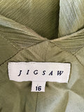 JIGSAW OLIVE GREEN SILK SLEEVELESS FRILL TRIM BIAS CUT DRESS SIZE 16