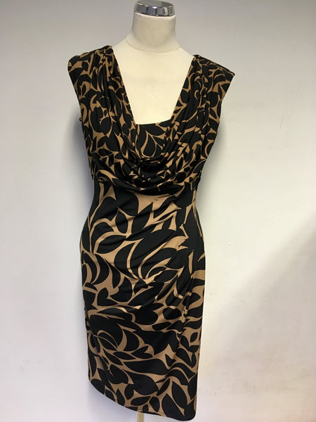 PHASE EIGHT BLACK & CAMEL PRINT COWL NECKLINE PENCIL DRESS SIZE 12