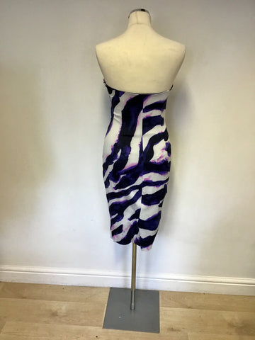 KAREN MILLEN PURPLE,WHITE & NAVY PRINT STRAPLESS DRESS SIZE 12