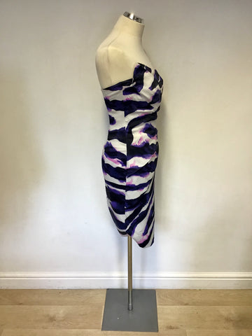 KAREN MILLEN PURPLE,WHITE & NAVY PRINT STRAPLESS DRESS SIZE 12