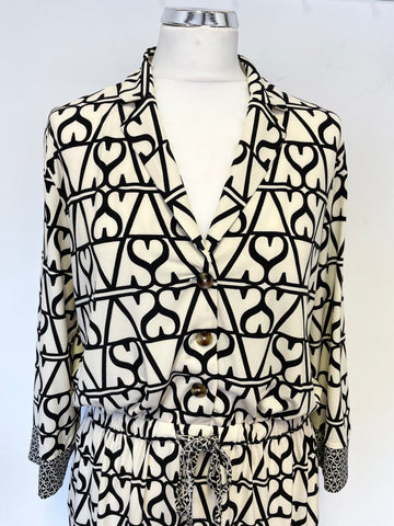 OUI IVORY & BLACK PRINT COLLARED 3/4 SLEEVE MIDI DRESS SIZE 12