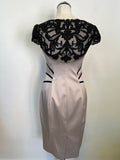 KAREN MILLEN SILVER GREY & BLACK LACE TRIMMED SPECIAL OCCASION PENCIL DRESS SIZE 10