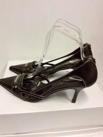 KAREN MILLEN BROWN LEATHER OPEN SIDE HEELS SIZE 5/38