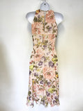 KAREN MILLEN PALE PEACH FLORAL PRINT SILK SLEEVELESS DRESS SIZE 8