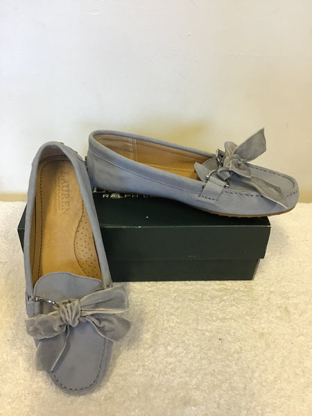 BRAND NEW RALPH LAUREN LIGHT BLUE SUEDE BOW TRIM LOAFERS SIZE 5/38