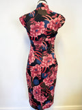 KAREN MILLEN BLACK WITH RED & PINK FLORAL PRINT CAP SLEEVE PENCIL DRESS SIZE 12