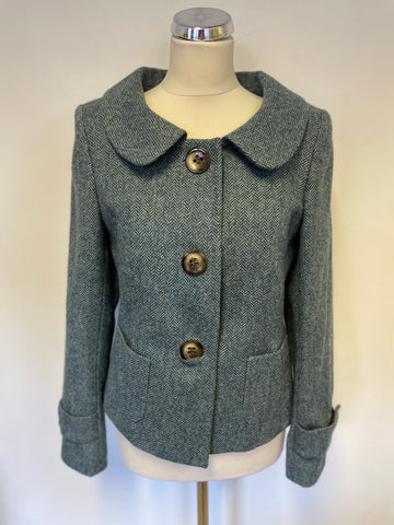 LK BENNETT TEAL 100% WOOL TWEED JACKET SIZE 14