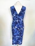 PHASE EIGHT BLUE PRINT DRAPED STRETCH JERSEY SLEEVELESS PENCIL DRESS SIZE 14