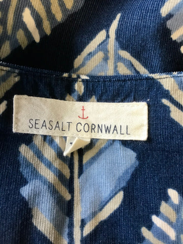 SEASALT CORNWALL BLUE & BEIGE LEAF PRINT SHORT SLEEVE NODDING HEADS DRESS SIZE 12