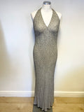 HOBBS SILVER GREY BEADED & SEQUINNED LONG HALTERNECK DRESS & MATCHING BOLERO SIZE 12