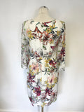 REISS LOTTIE IVORY & MULTI COLOURED FLORAL PRINT 3/4 SLEEVE SILK DRESS SIZE 10