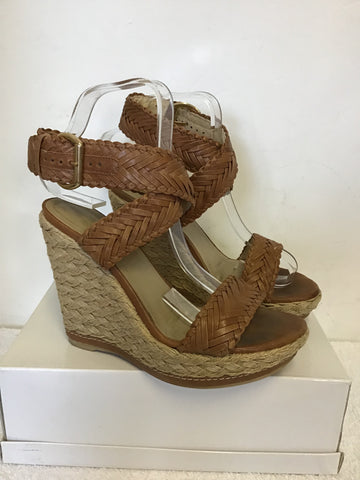 STUART WEITZMAN ELEXIR TAN LEATHER WEDGE HEEL SANDALS SIZE 5/38