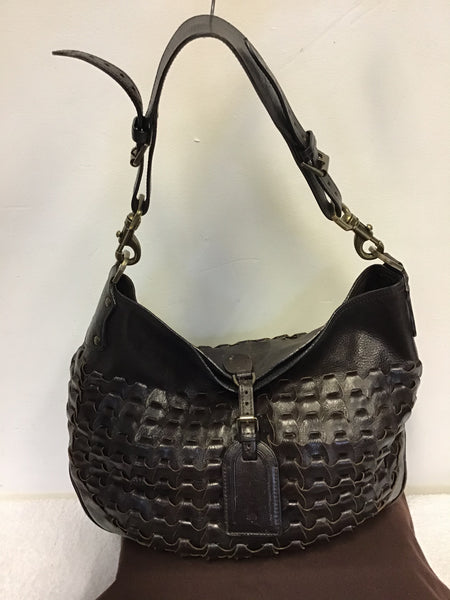 MULBERRY DARK BROWN LEATHER JULIE RIO WOVEN BODY SHOULDER BAG