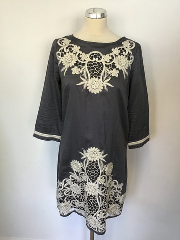 MONSOON GREY & WHITE APPLIQUÉ 3/4 SLEEVE COTTON DRESS SIZE 12