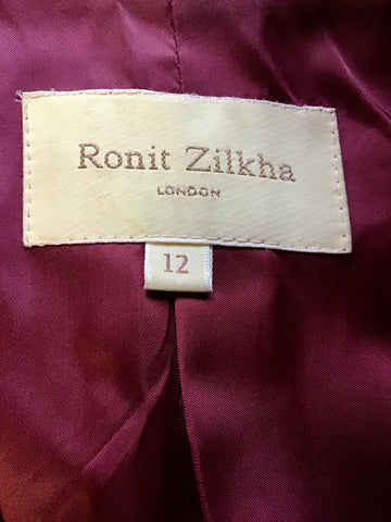 RONIT ZILKHA RED HARRIS TWEED 100% WOOL TIE BELT KNEE LENGTH COAT SIZE 12