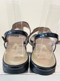 EMPORIO ARMANI BLACK PATENT LEATHER TOE POST SLING BACK HEEL FLAT SANDALS SIZE 4/37