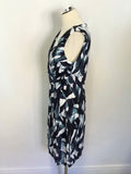 PHASE EIGHT NAVY, TURQUOISE & WHITE PRINT SLEEVELESS PENCIL DRESS SIZE 12