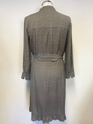 RUTZOU BEIGE & GREY SMALL CHECK PRINT 100% SILK FRILLED HEM BELTED DRESS SIZE 38 UK 10