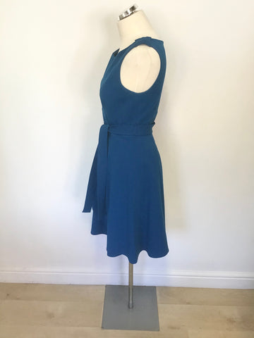 KAREN MILLEN KINGFISHER BLUE SLEEVELESS TIE WAIST A LINE DRESS SIZE 12