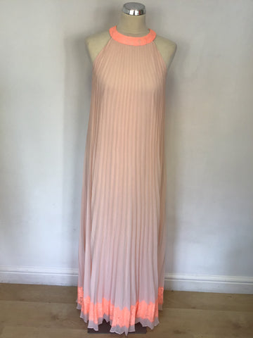 BRAND NEW TED BAKER PEACH PLEATED LACE TRIM MAXI DRESS SIZE 2 UK 10/12