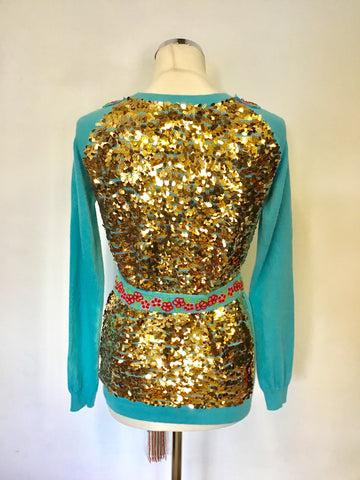 MANOUSH TURQUOISE FLORAL BEADED TRIM & GOLD SEQUINNED TIE BELT JUMPER SIZE M