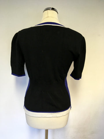 KAREN MILLEN BLACK, WHITE & BLUE SHORT SLEEVE ZIP UP CARDIGAN SIZE 4 UK 14