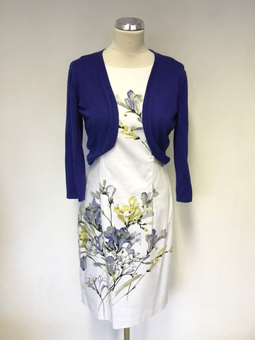 HOBBS INVITATION WHITE FLORAL PRINT PENCIL DRESS & BLUE BOLERO CARDIGAN SIZE 10