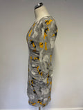 WHISTLES GREY,BLACK & ORANGE PRINT 3/4 SLEEVE SILK PENCIL DRESS SIZE 10