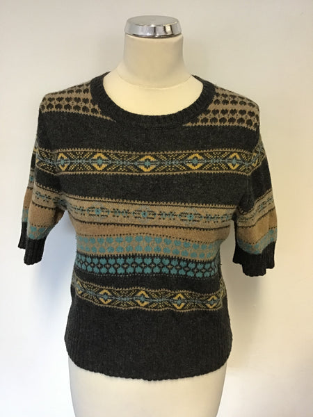 HOBBS NW3 DARK GREY,FAWN & TURQUOISE WOOL BLEND SHORT SLEEVE JUMPER SOZE 12