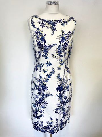 HOBBS INVITATION WHITE & BLUE FLORAL PRINT SLEEVELESS PENCIL DRESS SIZE 12