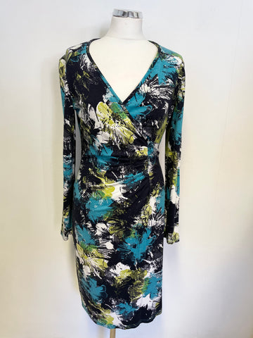 JOSEPH RIBKOFF TURQOUISE PRINT LONG SLEEVE STRETCH JERSEY DRESS SIZE 12