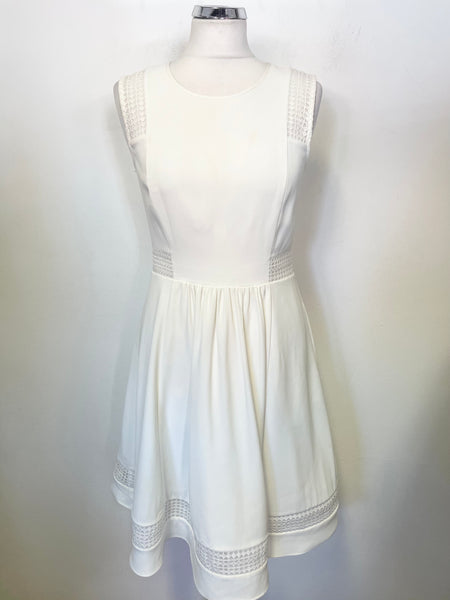 REISS BRITT OFF WHITE EMBROIDERED INLAY FIT & FLARE DRESS SIZE 10