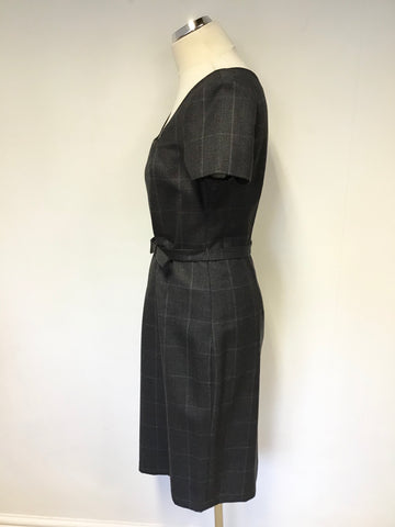 LK BENNETT GREY CHECK WOOL BELTED PENCIL DRESS SIZE 12