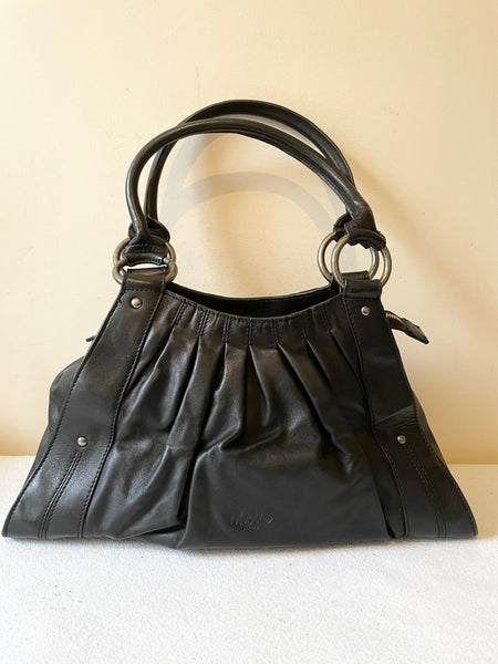 WHISTLES BLACK LEATHER PLEATED DETAIL ZIP TOP SHOULDER BAG