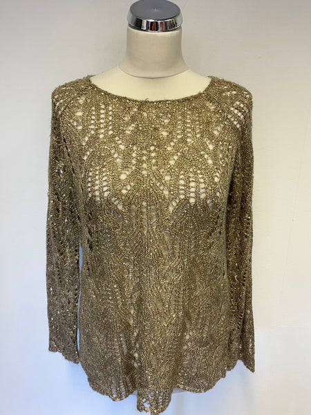 PHASE EIGHT GOLD SEQUIN TRIM OPEN KNIT LONG SLEEVE JUMPER SIZE 10