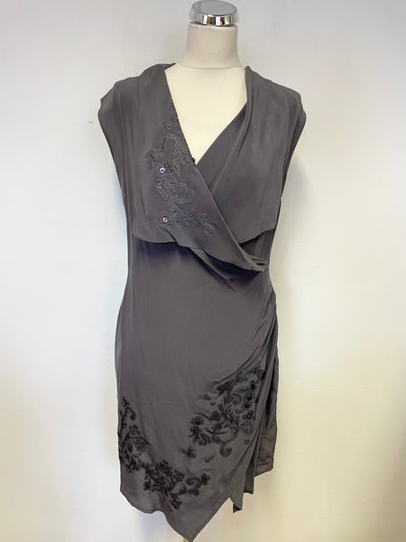 MINT VELVET GREY SILK EMBROIDERED & SEQUINNED DRAPED WRAP ACROSS SLEEVELESS DRESS SIZE 12