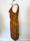 LK BENNETT BROWN & ORANGE PRINT SILK SLEEVELESS DRESS SIZE 12