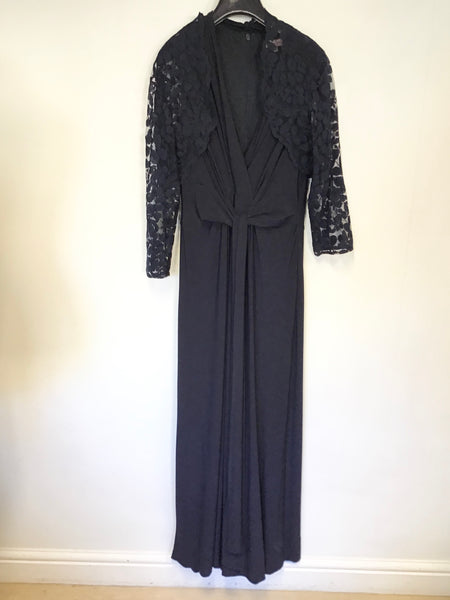 PHASE EIGHT NAVY BLUE SLEEVELESS TIE FRONT WIDE LEG JUMPSUIT & MATCHING LACE BOLERO SIZE 14