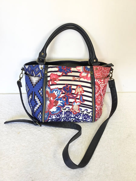 DESIGUAL RED,WHITE & BLUE PRINT TEXTILE & FAUX LEATHER SHOULDER/ HAND BAG