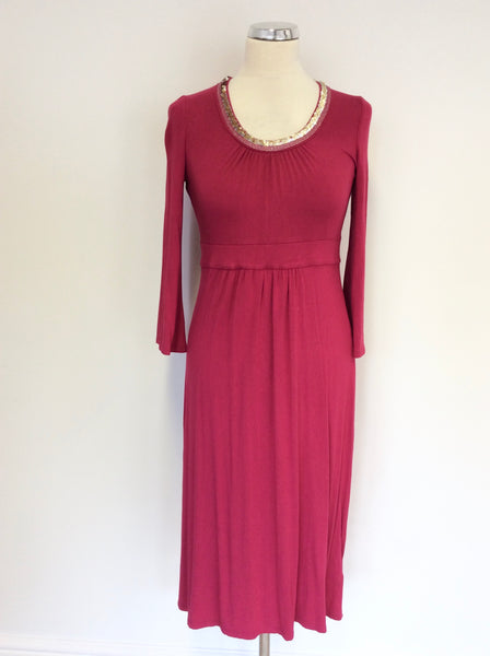 BODEN FUCHSIA PINK SEQUIN TRIM 3/4 SLEEVE STRETCH JERSEY DRESS SIZE 10R